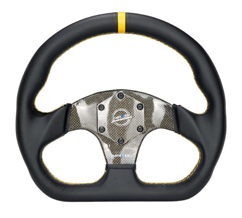 NRG Carbon Fiber Flat Bottom Steering Wheel (320mm) Yellow CF Center w/Yellow Stitch/Yellow Mark