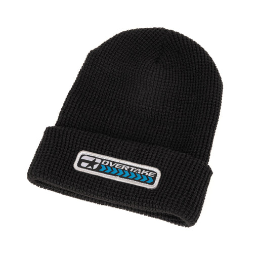 Black beanie with 'Overtake' logo on a white background