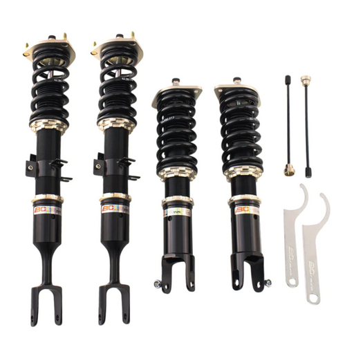 Visual representation of BC Racing DS Series Extreme Low True Rear Coilovers installed on a 2003-2008 350Z, 2003-2006 G35 Sedan, and 2003-2007 G35 Coupe. These specialized coilovers offer an extremely low ride height for the rear suspension, providing enhanced performance and a sleek appearance for the specified vehicle models.