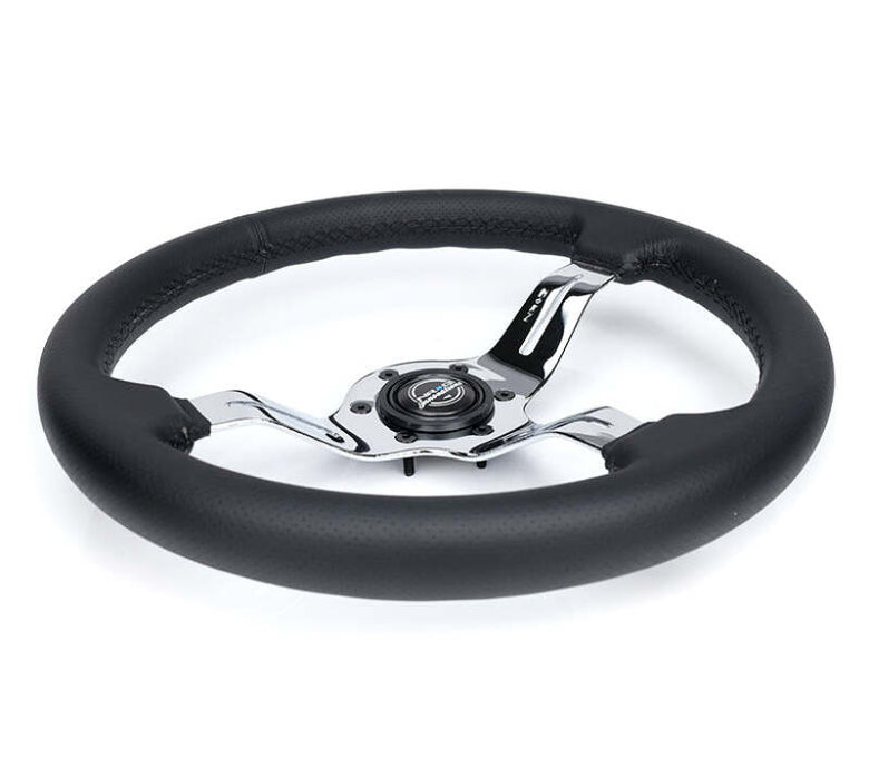 NRG Light Weight Gaming Steering Wheel - Splitz Chrome Silver Spokes Perforated Leather