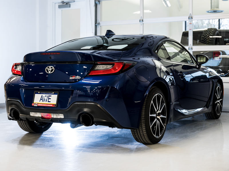 AWE Track Edition Catback Exhaust with Diamond Black Tips for 2013-2022 BRZ, 2017-2021 Toyota 86, and 2022 GR86, offering high-performance and sleek design.