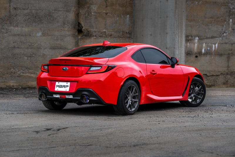 MBRP 2022 Subaru BRZ 2.4L/Toyota GR86 2.4L 2.5-inch Dual Split Rear Exit Exhaust with 5-inch OD Carbon Fiber Tips in T304 Stainless Steel, highlighting advanced exhaust technology and style.