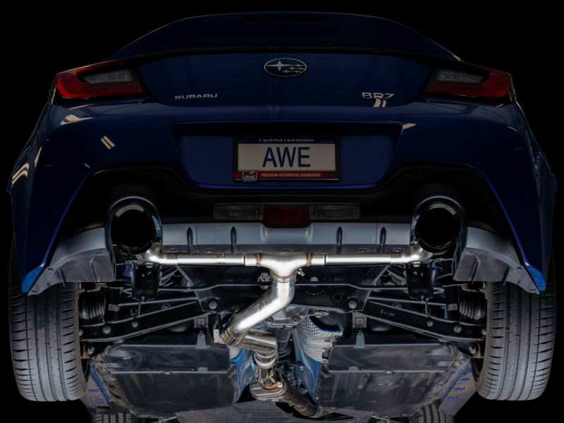 AWE Track Edition Catback Exhaust with Diamond Black Tips for 2013-2022 BRZ, 2017-2021 Toyota 86, and 2022 GR86, offering high-performance and sleek design.
