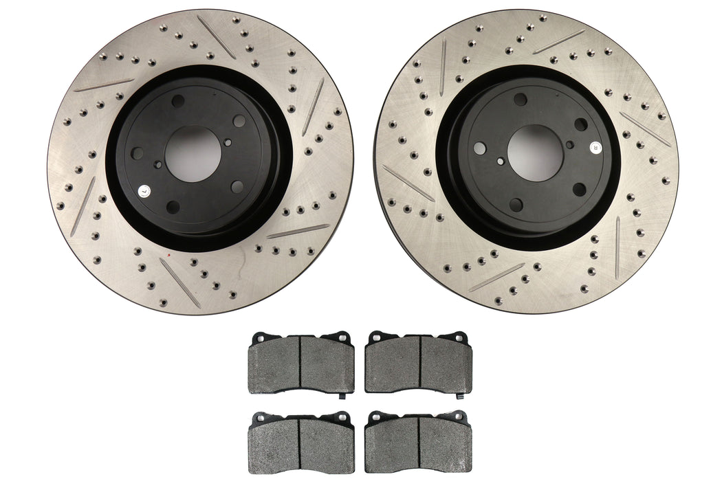 Stoptech Drilled and Slotted Sport Front Rotors and PosiQuiet Semi-Metallic Pads Kit 2005-2017 STI